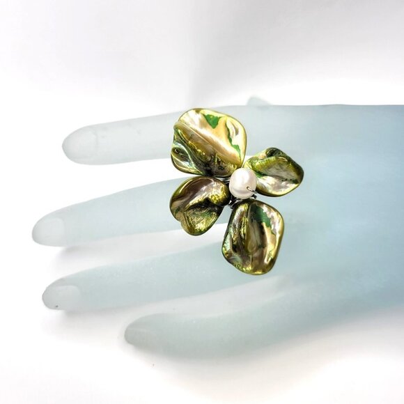 Green Shell with Freshwater Pearl Bead Asymmetric Flower Adjustable Ring - Picture 1 of 16